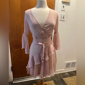 French Connection Blush Asymmetrical Faux Wrap flouncy Dress Size 4 Bell sleeves